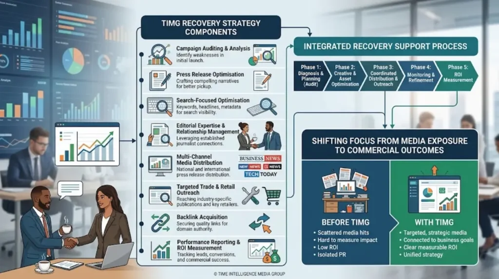 Why do businesses choose Time Intelligence Media Group for product launch recovery?