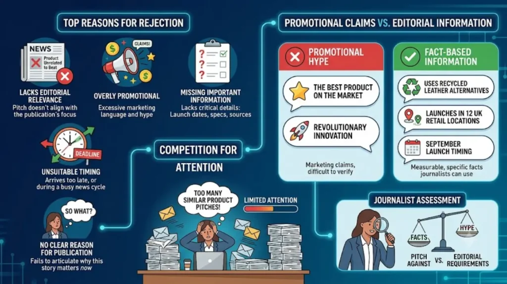 Why do journalists reject many product pitches?