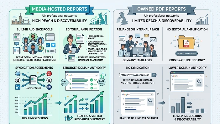 Why do media-hosted reports reach a larger UK audience than owned PDFs