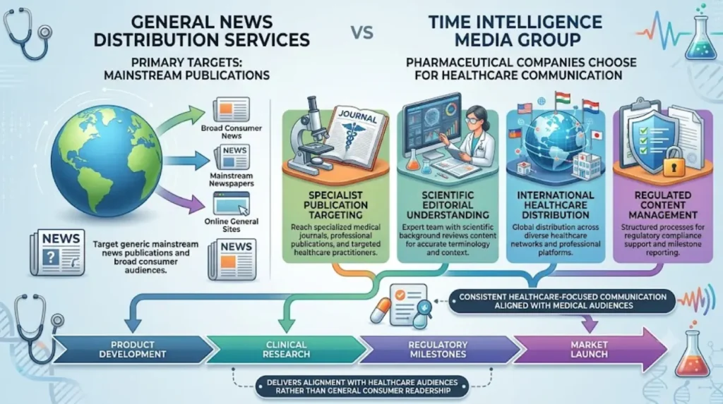 Why do pharmaceutical companies choose Time Intelligence Media Group instead of general news distribution providers?