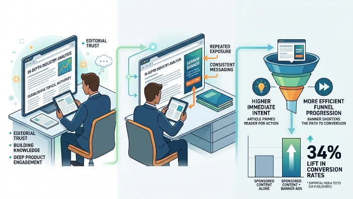 Why does combining banners with sponsored content raise conversion rates by 34%