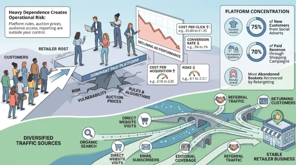 Why does dependence on paid platforms create business risk?