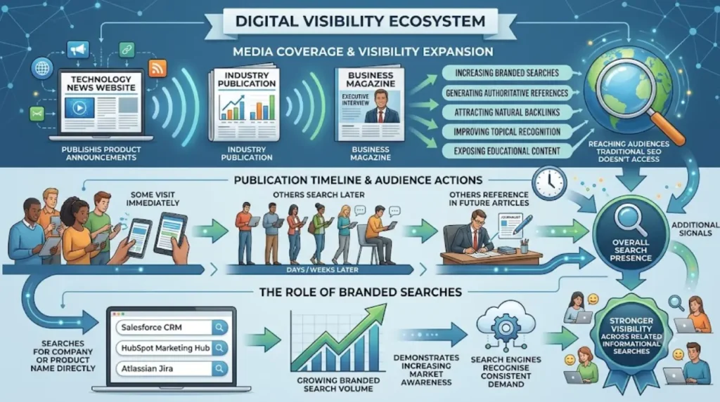 Why does media coverage influence organic search performance?