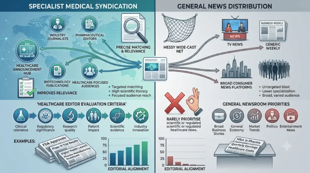 Why does specialist medical syndication outperform general news distribution?