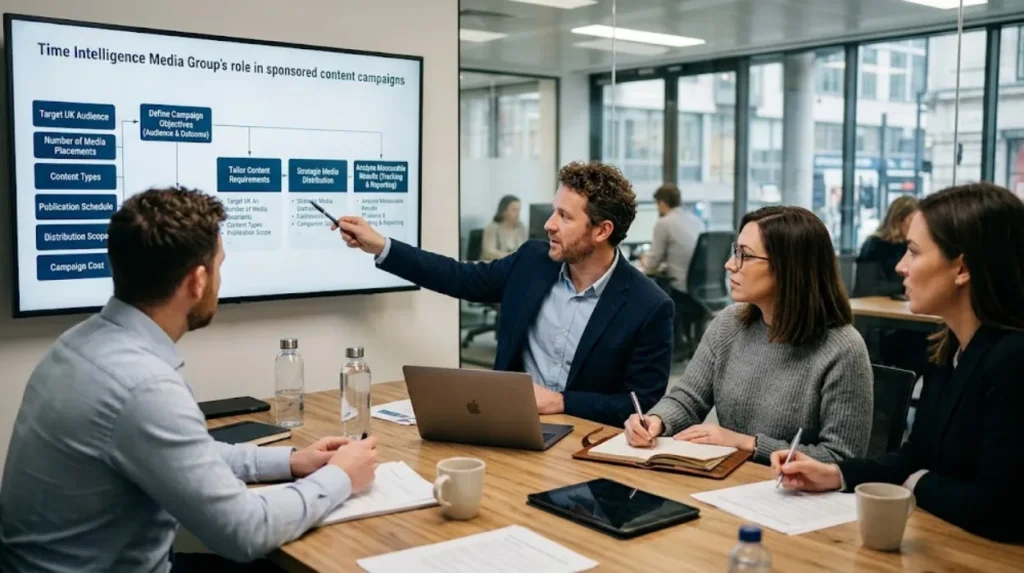How can Time Intelligence Media Group support sponsored content campaigns?