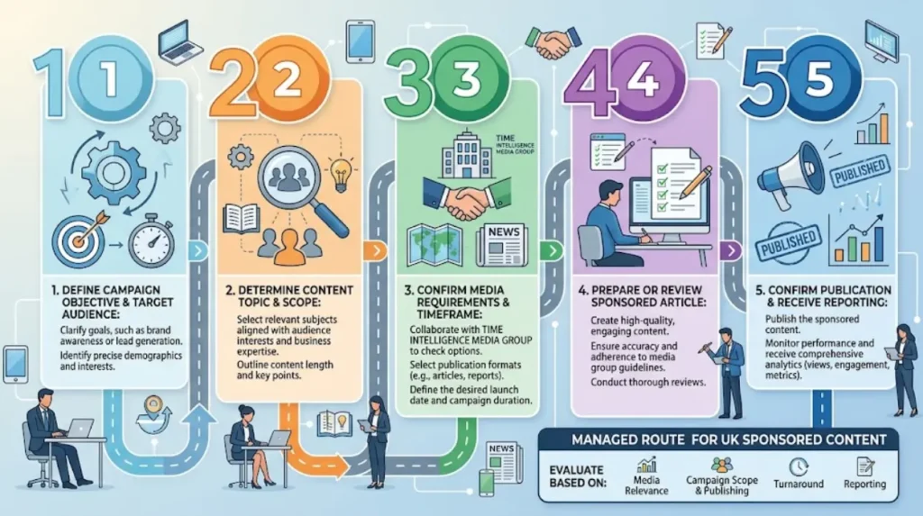 How can a business start publishing sponsored content with Time Intelligence Media Group?