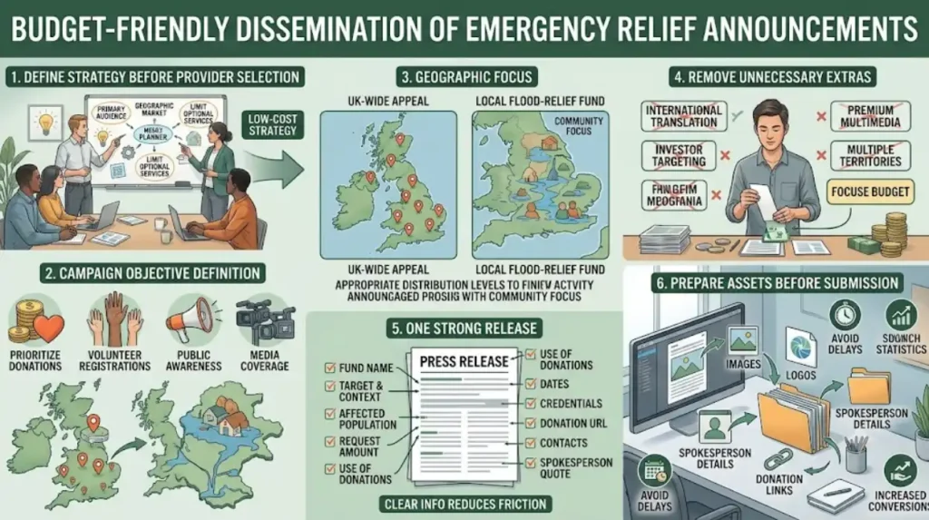 How can a charity distribute an emergency relief fund announcement on a tight budget?