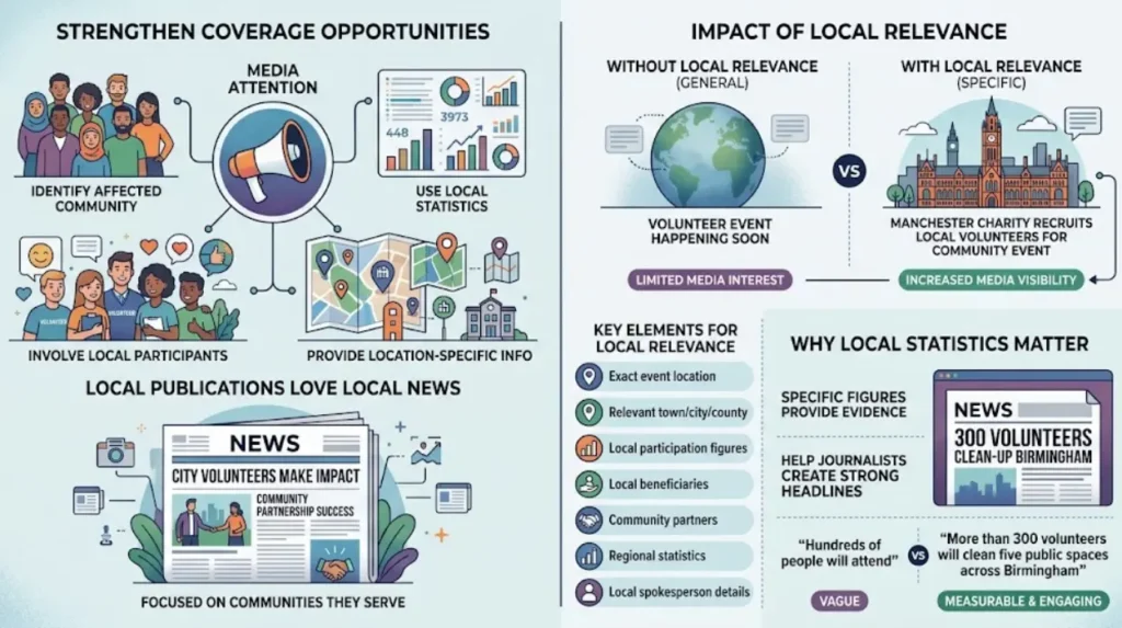 How can nonprofits use local relevance to earn coverage?