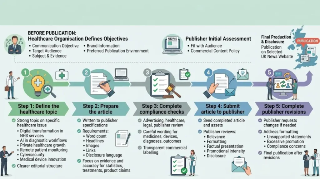 How do healthcare sponsored articles get published on UK news websites?