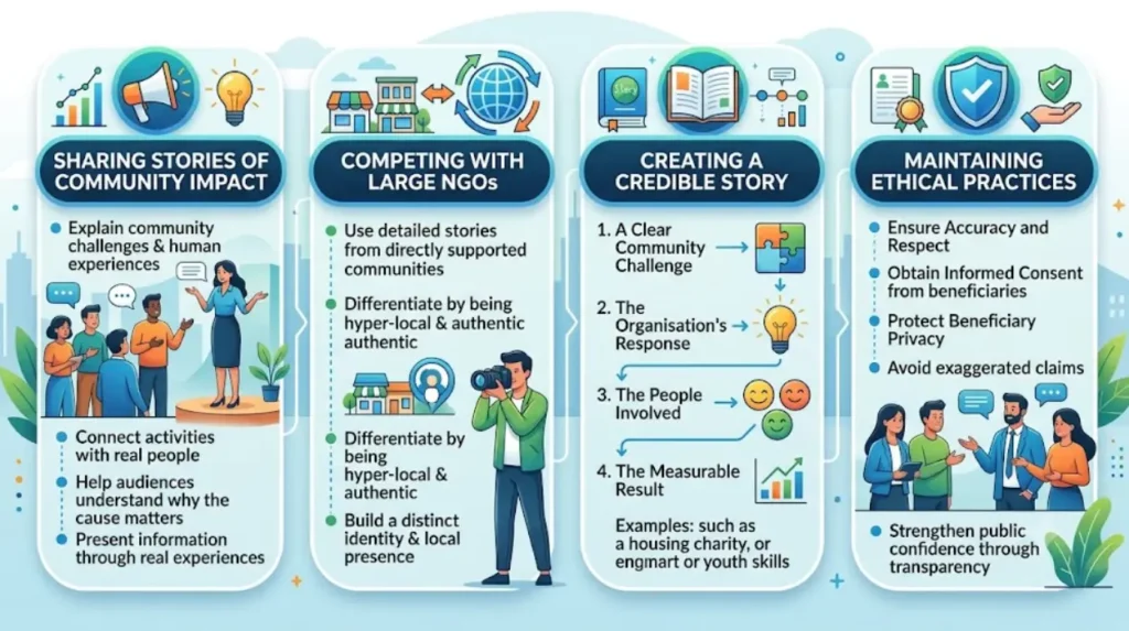 How do local non-profits use storytelling to increase public recognition?