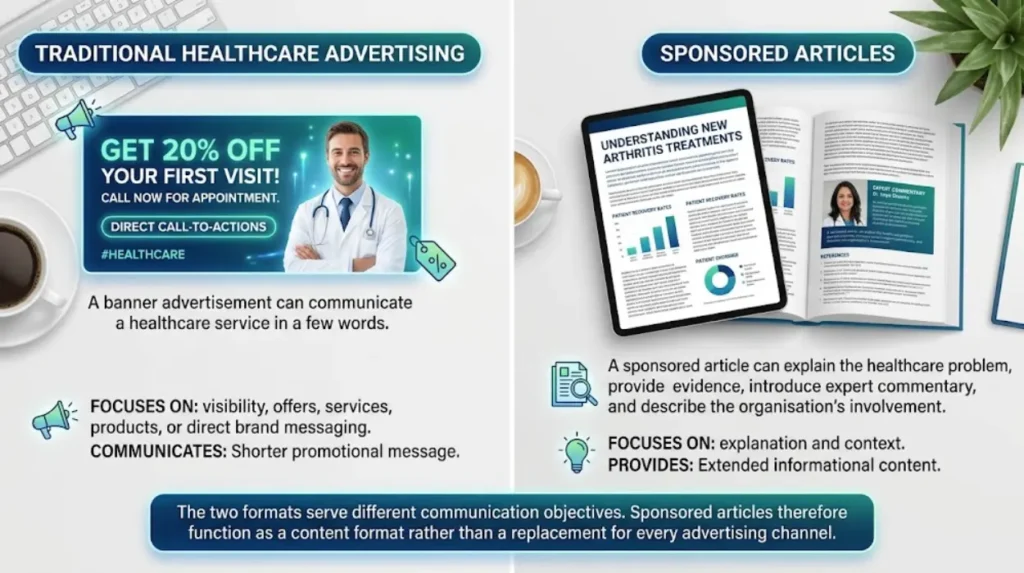 How do sponsored articles differ from traditional healthcare advertising?