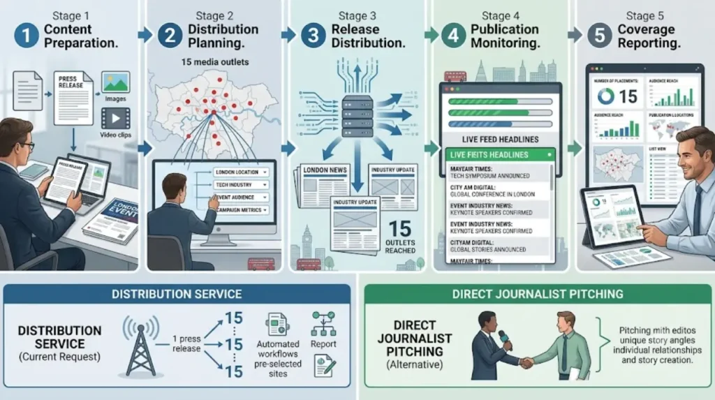 How does a 15-site London event distribution service work?