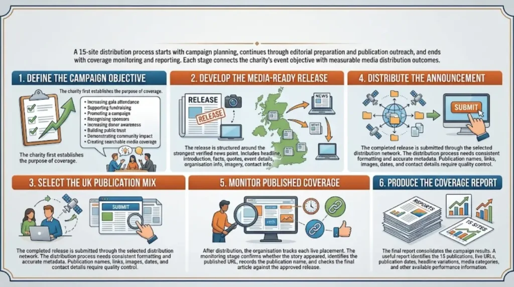 Charity Gala News Coverage Across 15 UK News Sites 1 How does a 15-site charity gala media distribution process work?