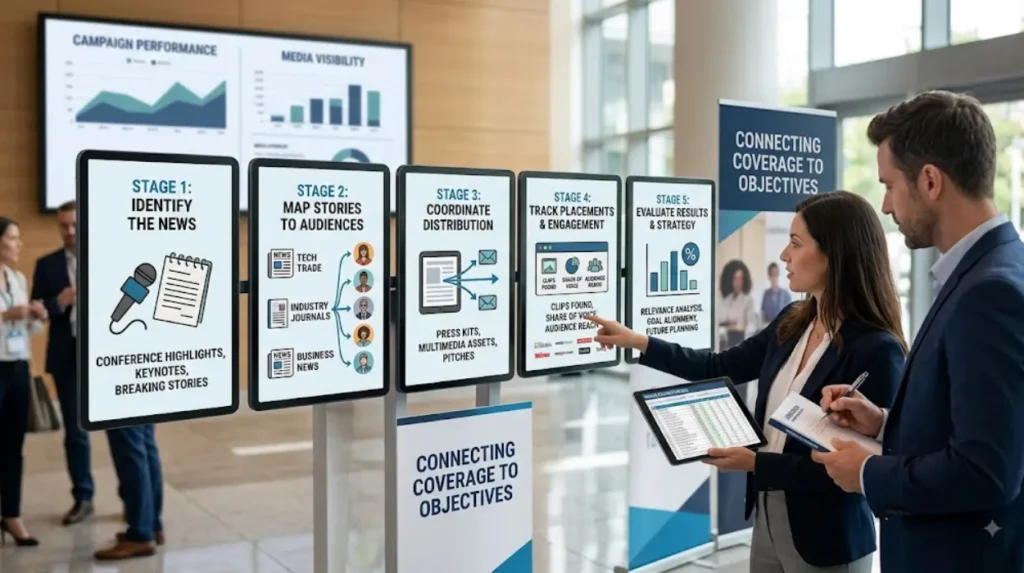 How does a structured campaign connect conference coverage with the next step?