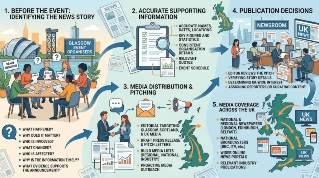How does an event story move from Glasgow into UK media?