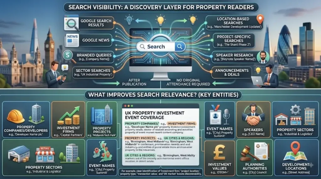 How does search visibility help UK property readers discover event coverage