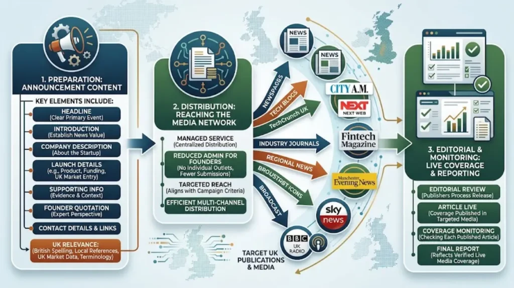 How does startup launch coverage reach UK publications today?