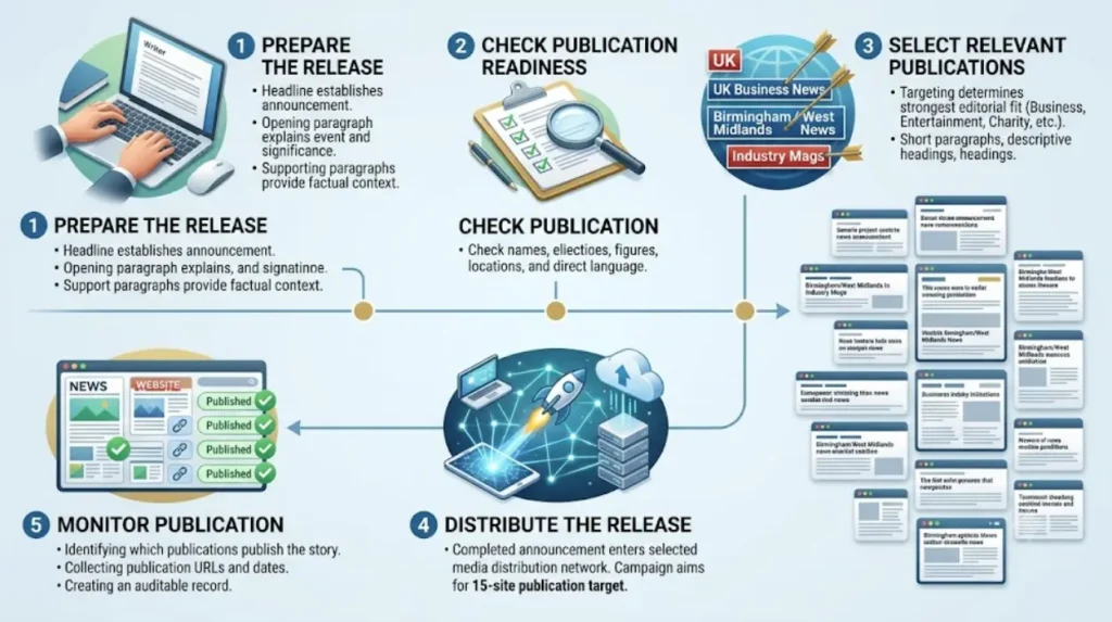 How does the 15-site Birmingham media distribution process work?