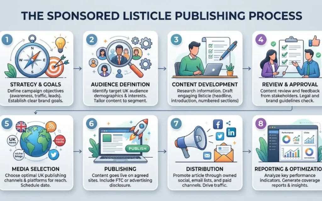 How does the sponsored listicle publishing process work?