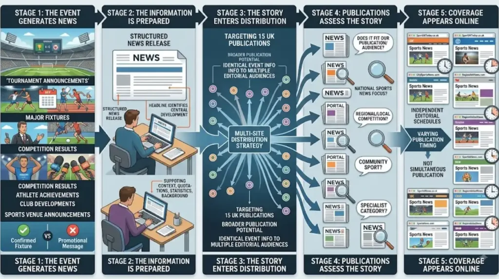 How is sports event news distributed across 15 UK news sites?