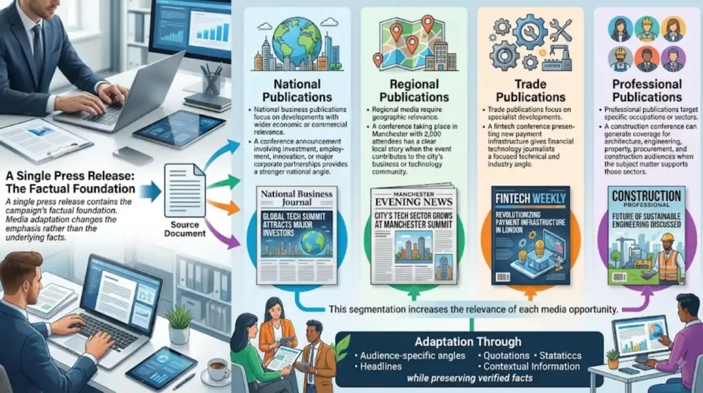How is the conference story adapted for different publications?