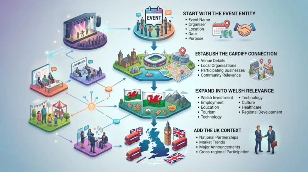 How should Cardiff event coverage be structured for Welsh and UK audiences?