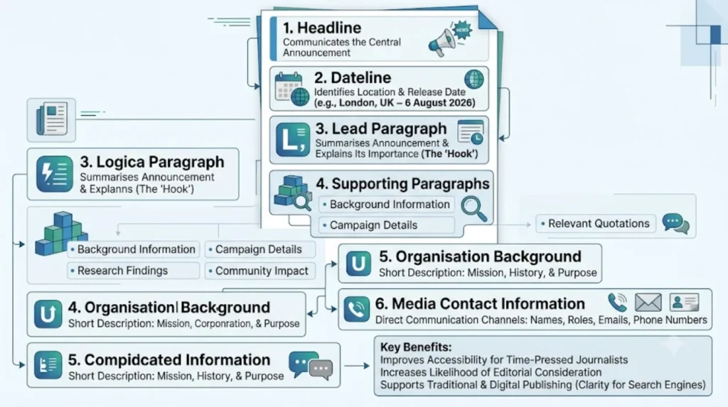 How should a press release be structured for journalists and media outlets?