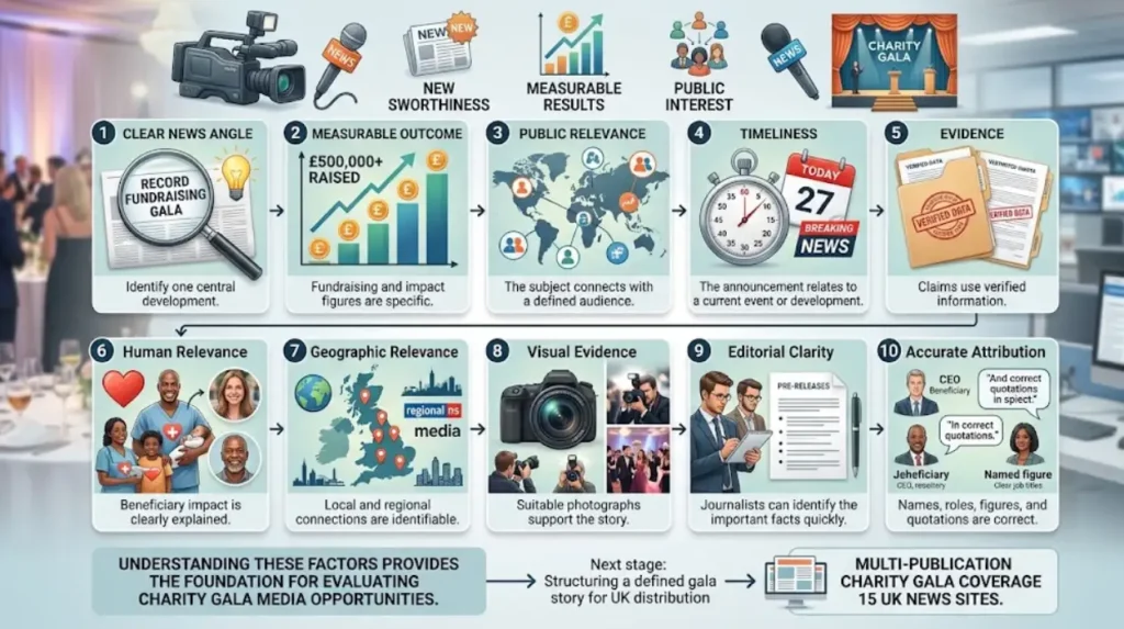 What are the main factors that determine charity gala news coverage?