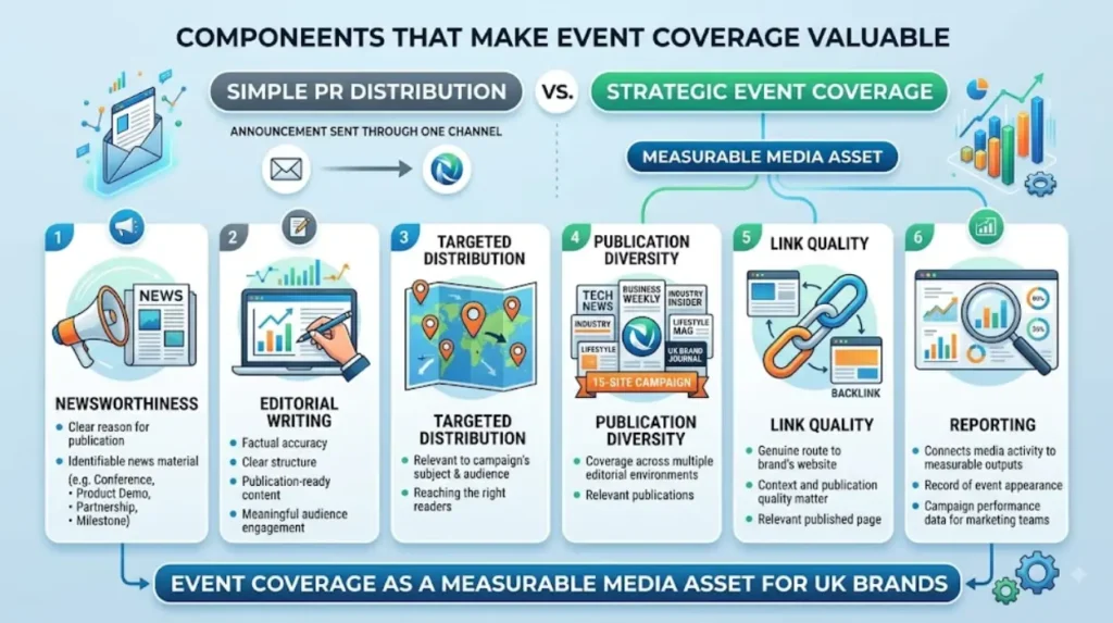 What components make event coverage more valuable than simple PR distribution?