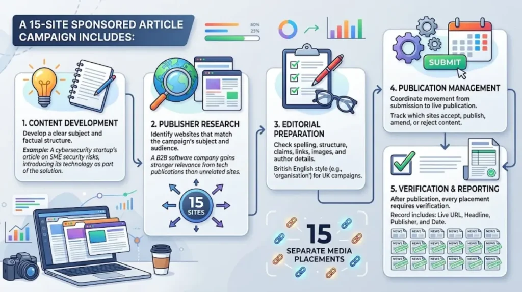 How Startups Publish Sponsored Articles Across 15 Sites 1 What does a 15-site sponsored article campaign include?