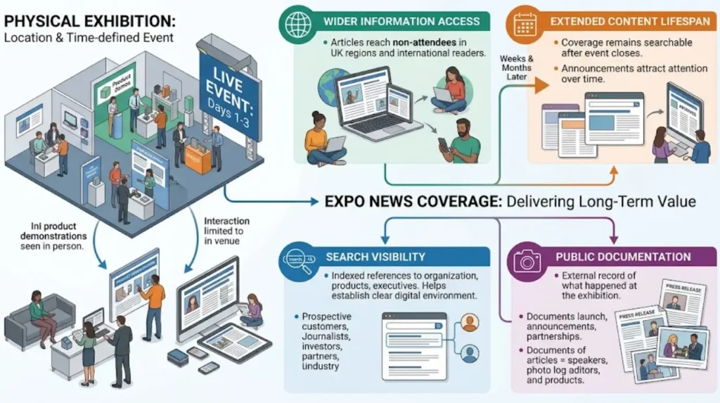 What does expo news coverage deliver beyond the exhibition?