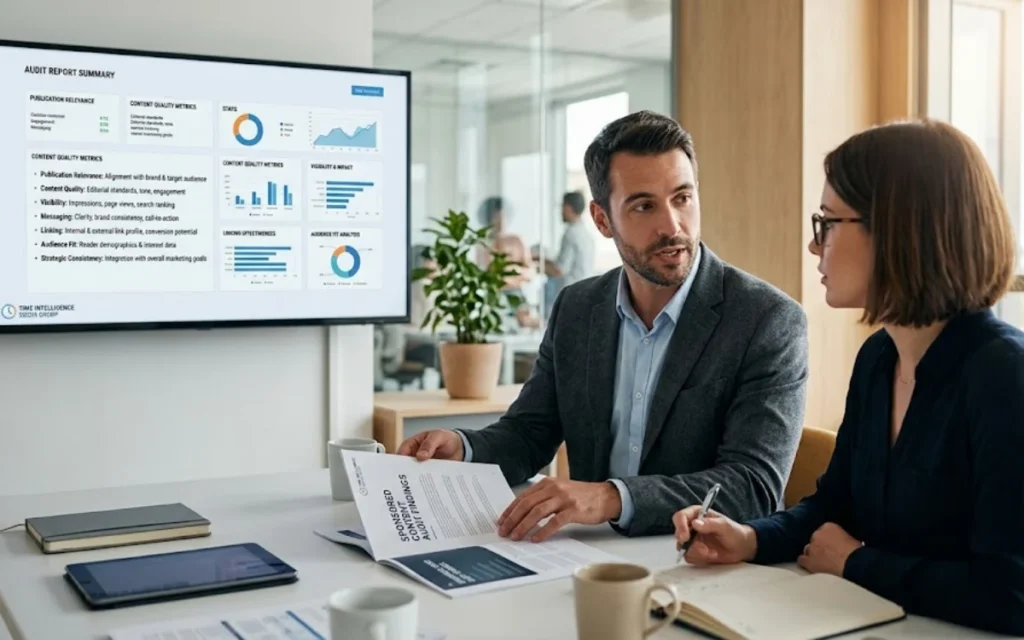 What does the free sponsored content audit from Time Intelligence Media Group include?