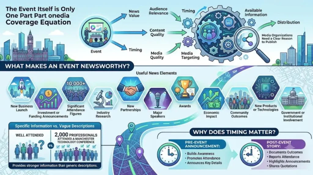 What factors determine how widely a Manchester event is covered?