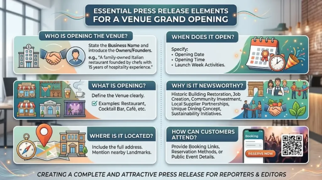 What information belongs in a venue grand opening press release?