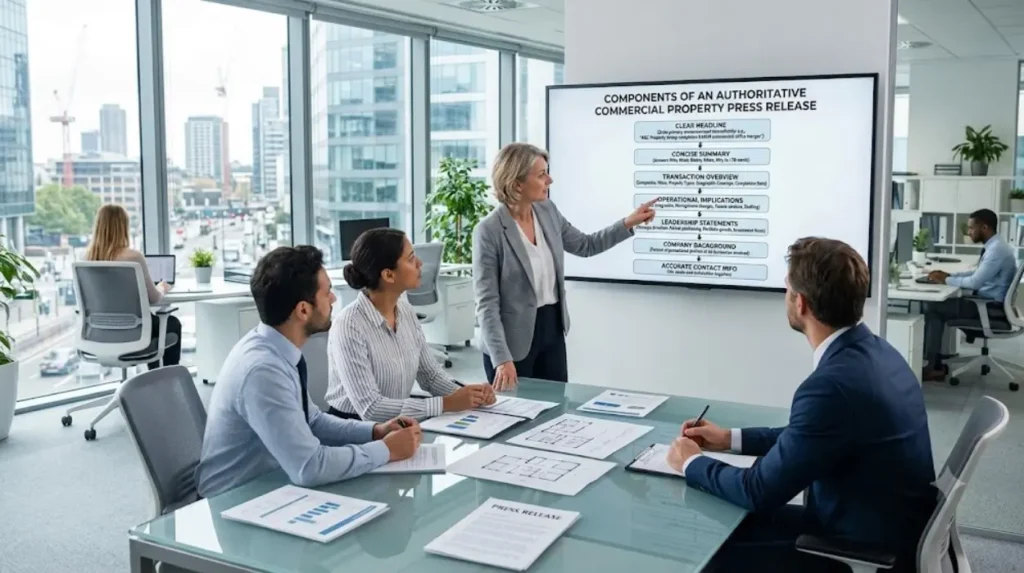 What information belongs in an authoritative commercial property press release?