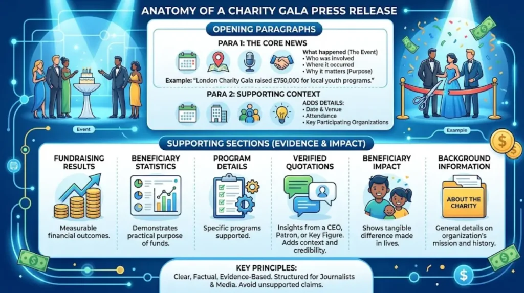 What information should a charity gala press release contain?