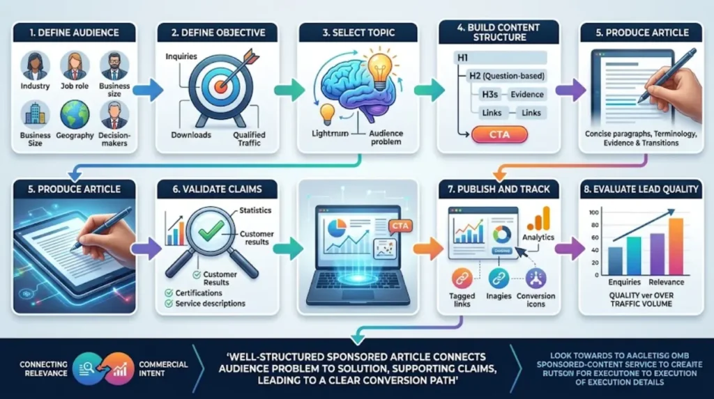 What is the complete process for creating a lead-driven sponsored article?