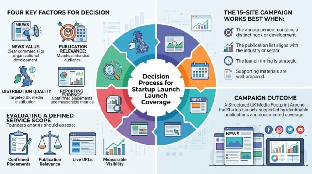 What is the final decision for startup launch coverage on 15 UK news sites today?