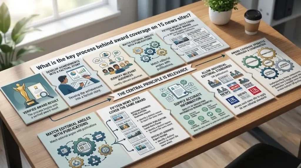What is the key process behind award coverage on 15 news sites?