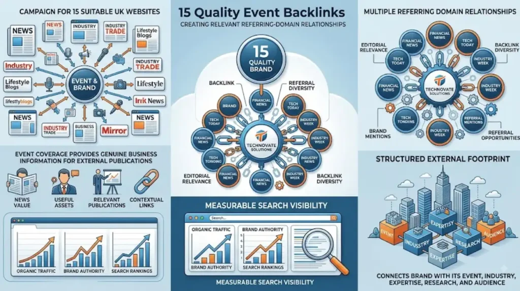 What is the main SEO value of 15 quality event backlinks?