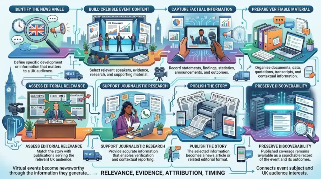 What is the overall process for getting real UK news coverage from a virtual event?