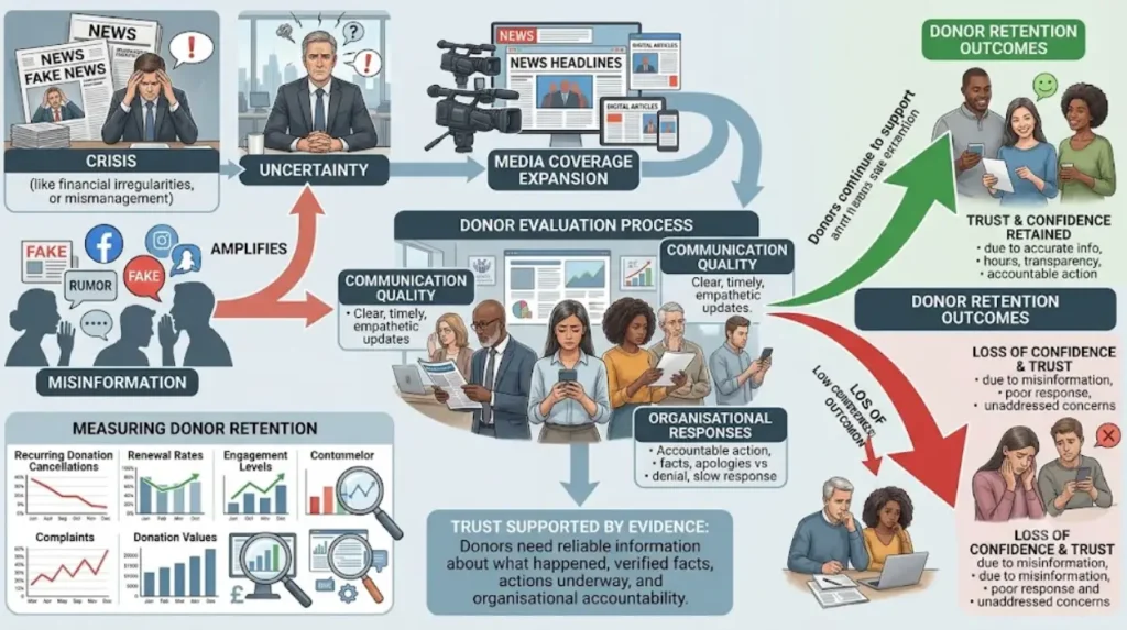 What is the overall relationship between misinformation, public relations crises, and donor retention?