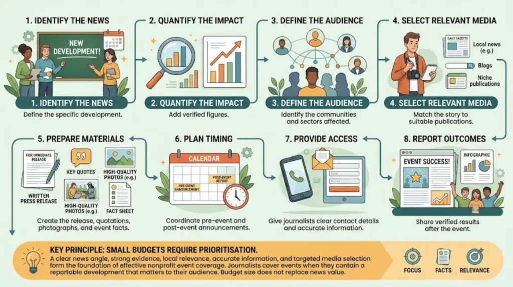 What is the simplest process for earning nonprofit event coverage on a small budget?