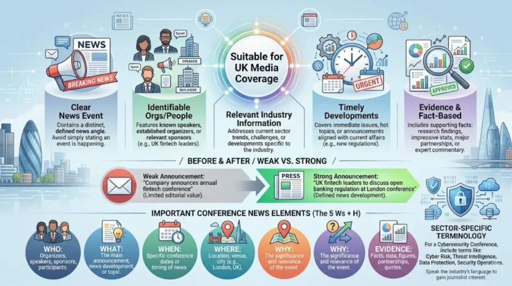 What makes a conference announcement suitable for UK media coverage?