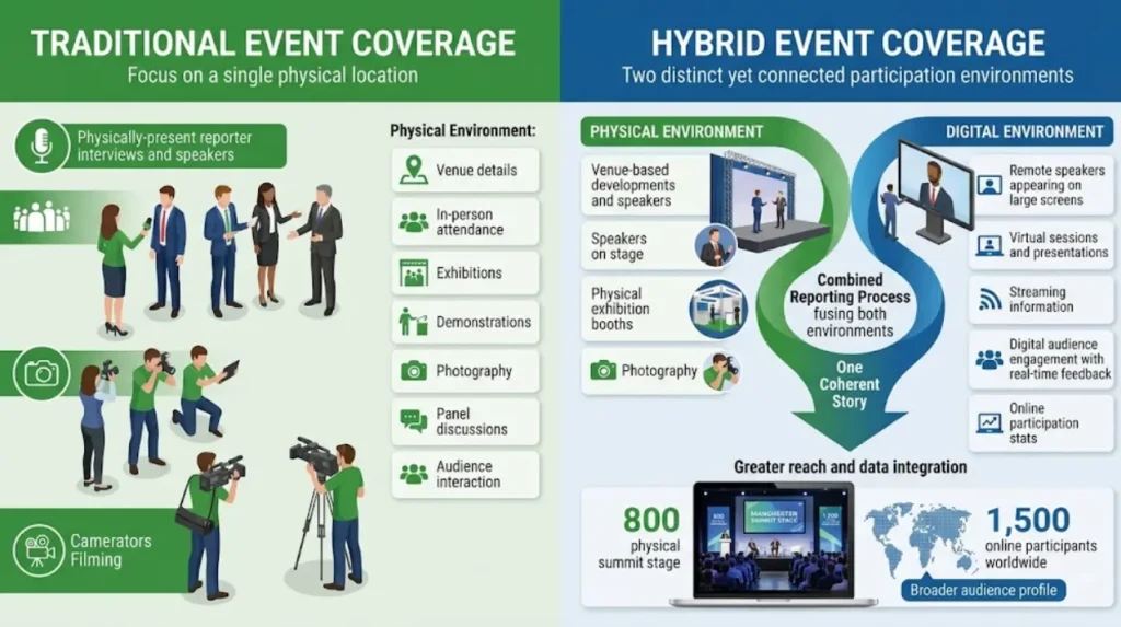 What makes hybrid event coverage different from traditional event coverage?