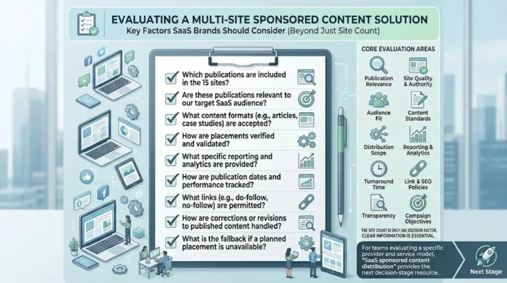 How SaaS Brands Publish Sponsored Content Across 15 Sites 2 What should SaaS brands evaluate before choosing a 15-site sponsored content solution?