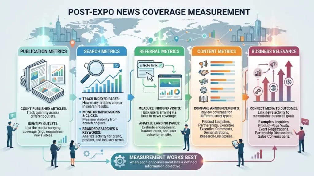 What should businesses measure after expo news coverage?