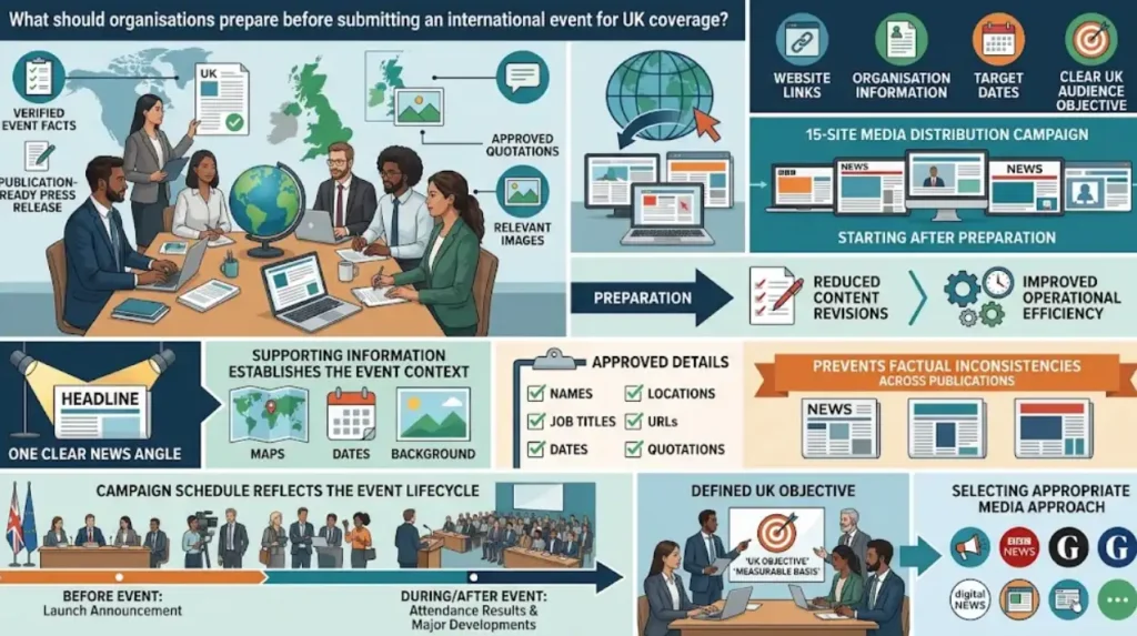 What should organisations prepare before submitting an international event for UK coverage?