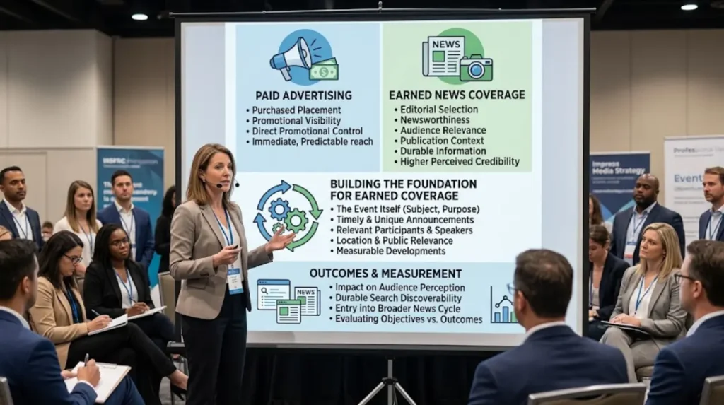 What should organisations remember about earned news coverage for events?
