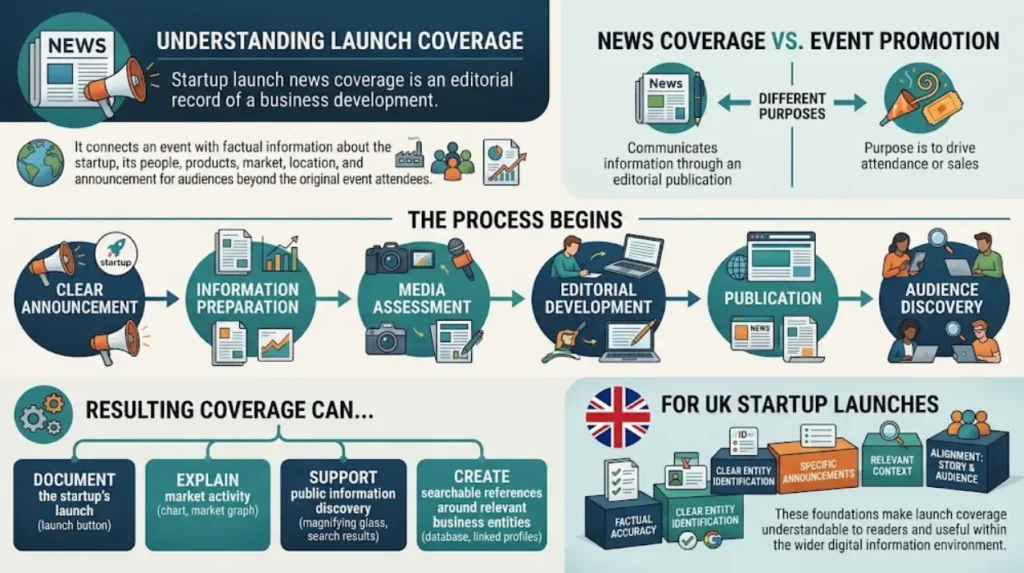 What should readers understand about startup launch news coverage?